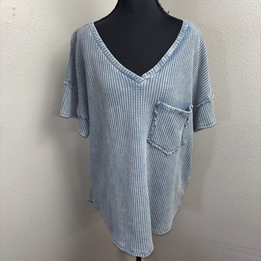 New Altar'd State‎ Waffle Knit Oversized Top Women's Medium Blue Short Sleeve
